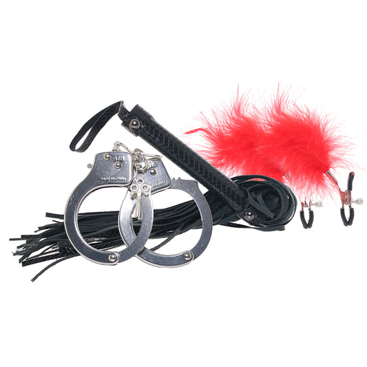Bondage Whip, Feather Clamps & Cuffs Set in Red