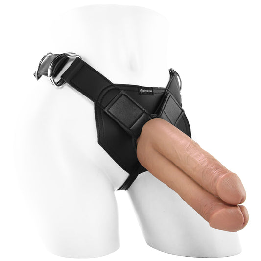 King Cock Harness with 7" Two Cocks One Hole in Caramel