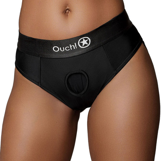 Ouch! Black Vibrating Strap-On Strappy Thong in M/L