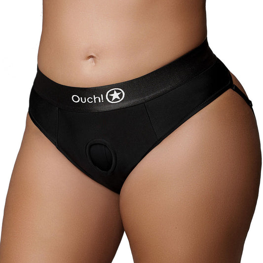 Ouch! Black Vibrating Strap-On Strappy Thong in XL/2X